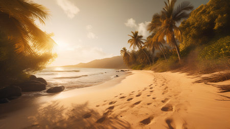 Beautiful tropical beach with palm trees at sunset. Toned.の素材