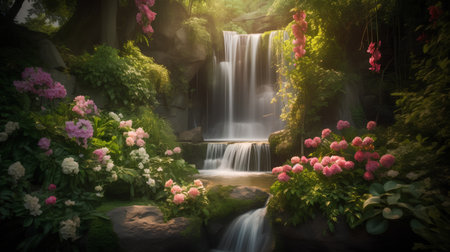 Tropical waterfall with pink hydrangea flowers in the gardenの素材