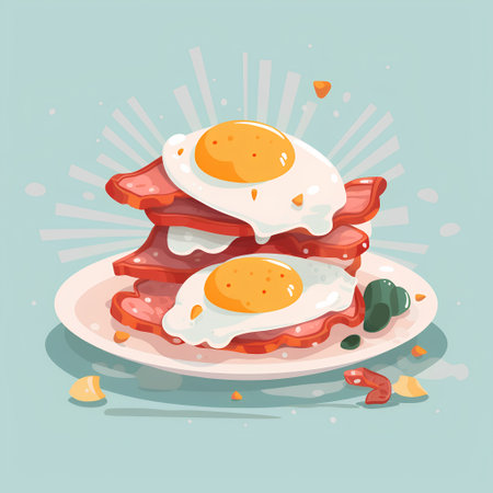 Fried eggs with bacon on a plate. Vector illustration in cartoon style.の素材