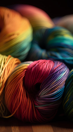 Colorful yarn for knitting on a dark background. Selective focus.の素材
