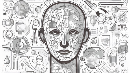 Artificial Intelligence. Vector line art illustration of artificial intelligence. Human head.の素材