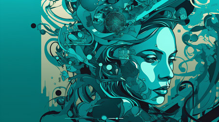 Fantasy woman face. Vector illustration of a beautiful woman's head.の素材