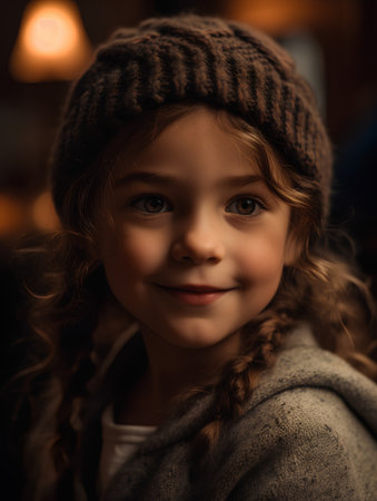 Portrait of a beautiful little girl in a knitted cap.の素材