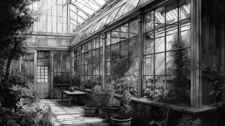Illustration of a greenhouse with plants and flowers in black and whiteの素材