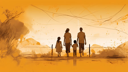 Family of three walking in the park. Vector illustration. Silhouette.の素材