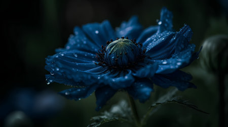 Beautiful blue anemone flower with drops of dew close upの素材