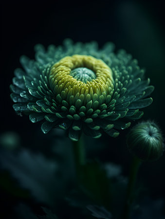 Green chrysanthemum flower with dew drops on petalsの素材
