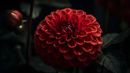 Beautiful red dahlia flower with water drops on dark backgroundの素材