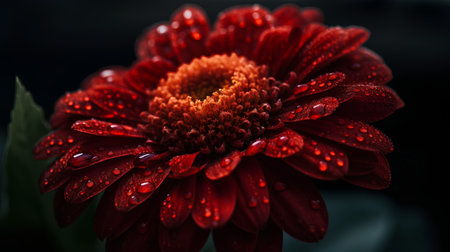 Beautiful red gerbera flower with dew drops closeupの素材