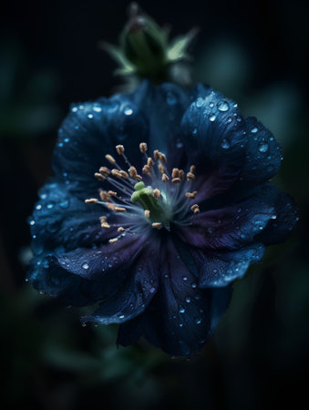 Beautiful dark blue flower with drops of dew on a black backgroundの素材