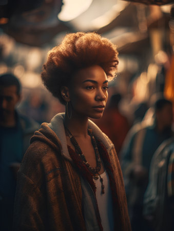 Beautiful african american woman with afro hairstyle in the street.の素材