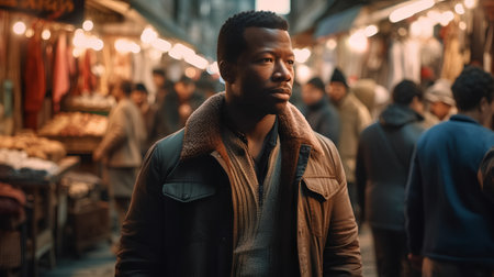 Handsome african american man walking in the street at nightの素材