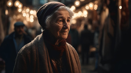 Portrait of an elderly woman on the background of the Christmas market.の素材