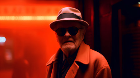 Portrait of an elderly man in a hat and sunglasses on a red backgroundの素材