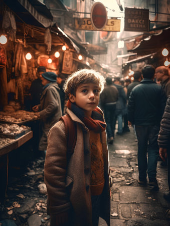 Little boy in the old town of Prague, Czech Republic. Christmas market.の素材
