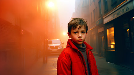 Portrait of a boy in a red coat on the street at sunset.の素材