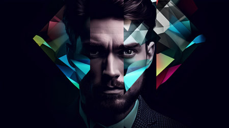 Portrait of a handsome young man in a suit over black background.の素材