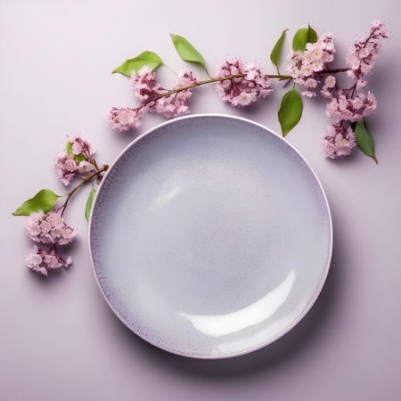 Empty plate with pink flowers on a purple background. View from above.の素材