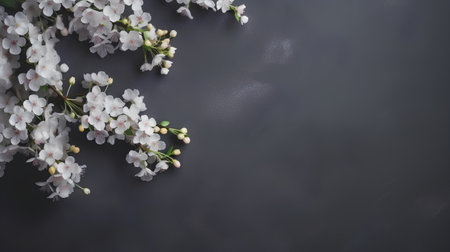 Cherry blossoms on dark background. Flat lay, top viewの素材