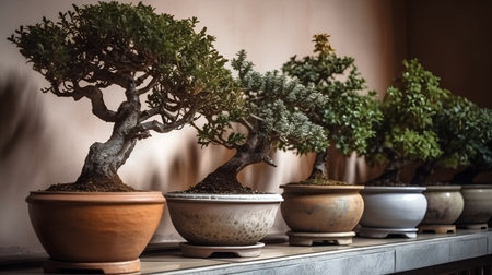 Bonsai tree in a pot on a shelf in a roomの素材