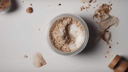 cosmetic cream in a jar with nuts on a white background.の素材