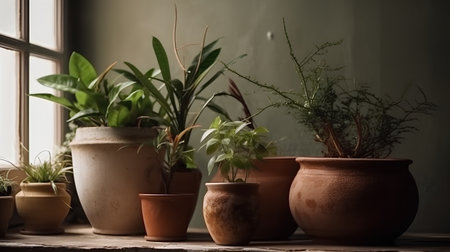 Houseplants in clay pots on the windowsill, vintage styleの素材