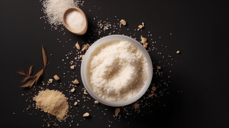 Collagen protein powder in a bowl on a black background. Top view.の素材