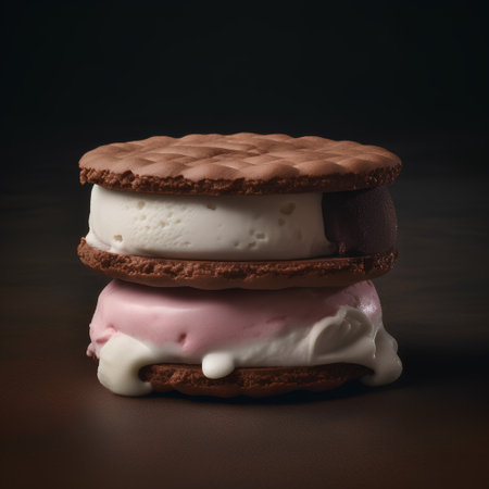Chocolate and vanilla ice cream sandwich on dark background. Toned.の素材