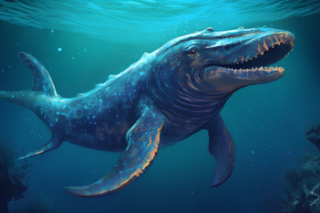 Whale shark in deep blue ocean. 3D render illustration.の素材