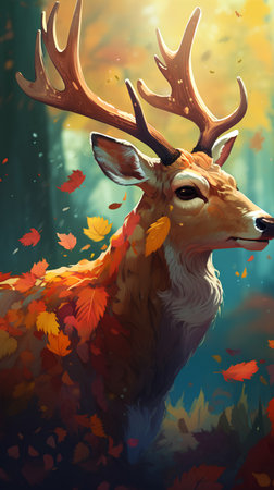 Deer in the autumn forest. Illustration of a wild animal.の素材