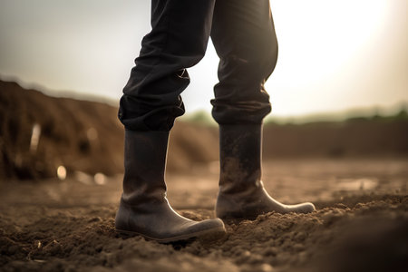 Close up of farmer standing on the field with his feet up.の素材