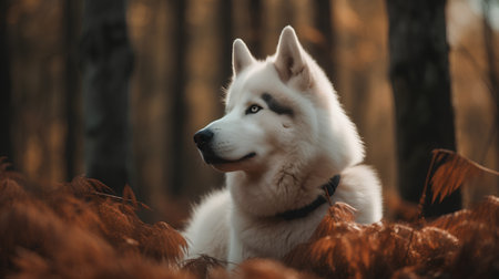 beautiful siberian husky dog in autumn forest, filtered imageの素材