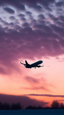 Airplane flying in the sky at sunset. Business travel concept.の素材