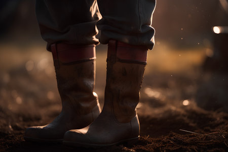 Cowboy boots on the field at sunset. Western cowboy boots.の素材