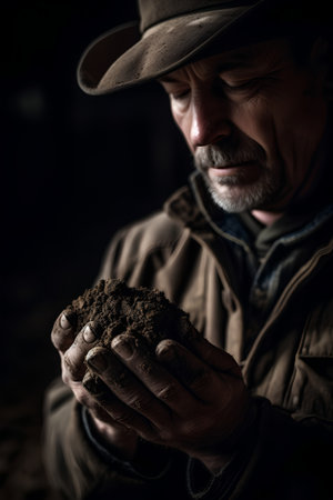 Farmer holding soil in his hands. Selective focus. Toned.の素材