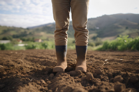 Farmer standing on a freshly ploughed field in the countrysideの素材