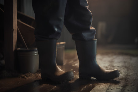 Man in rubber boots standing on a wooden floor in the barn.の素材