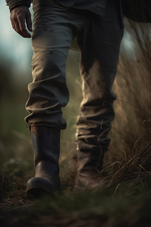 A man in a leather jacket and boots stands in the woods.の素材