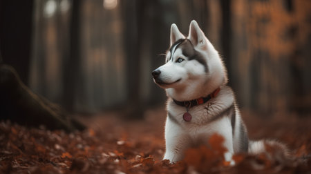 Siberian Husky dog sitting in autumn forest. Portrait of beautiful siberian husky dog.の素材