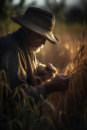 Farmer in the wheat field at sunset time. Harvesting concept.の素材