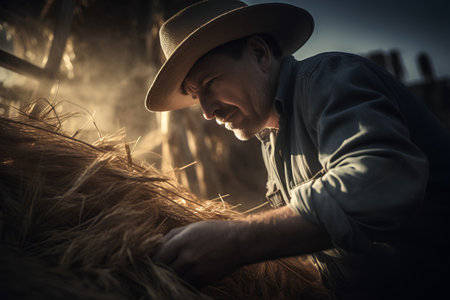 Farmer working in a wheat field, sheaves a haystackの素材