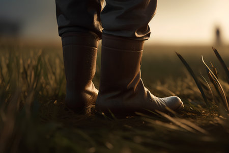 Feet of a man in boots standing on the grass at sunsetの素材