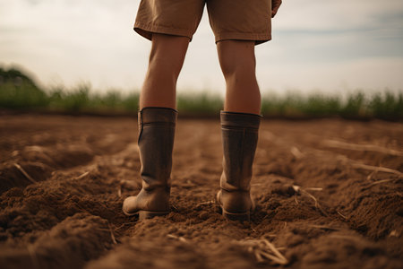 Close up of a farmer standing on a freshly ploughed agricultural fieldの素材