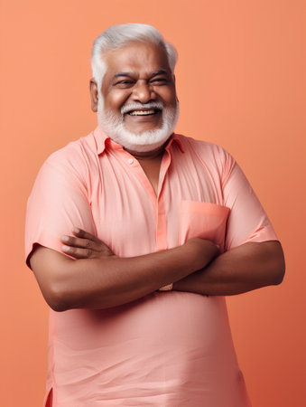 Portrait of a senior Indian man with his arms crossed. Isolated on orange background.の素材