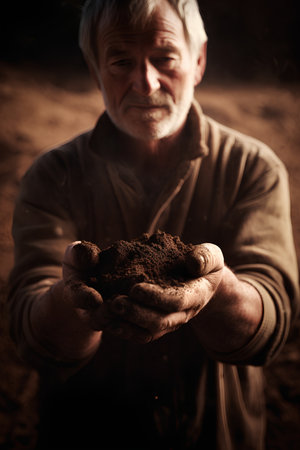 Elderly man holding a handful of soil in his hands.の素材