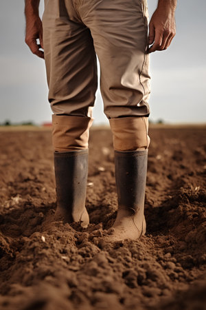 Farmer working on the field. Close-up of a farmer's feet in boots.の素材