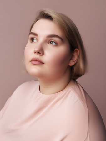 Portrait of a beautiful young blonde woman in a pink dress. Studio shot.の素材
