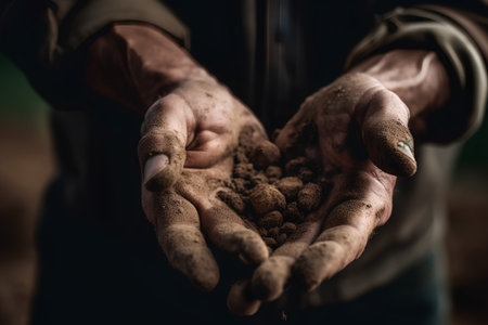 Hands of a farmer holding a handful of soil in his handsの素材