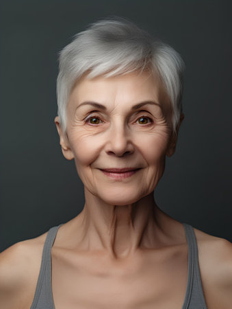Portrait of smiling senior woman. Isolated on grey background.の素材