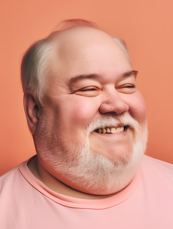Portrait of cheerful senior man with white beard and mustache in pink t-shirt on orange backgroundの素材